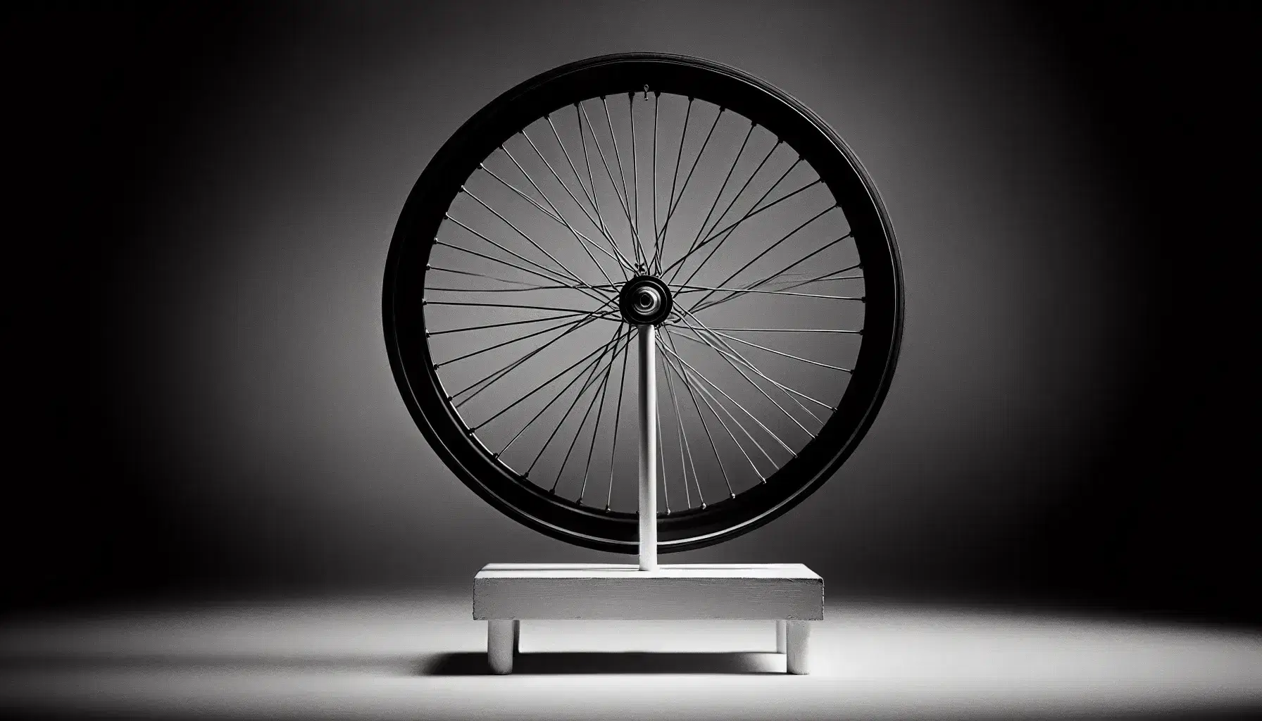 Ruota di bicicletta nera montata su base di sgabello bianco in stile Marcel Duchamp, dettagli di luci e ombre su sfondo sfocato.