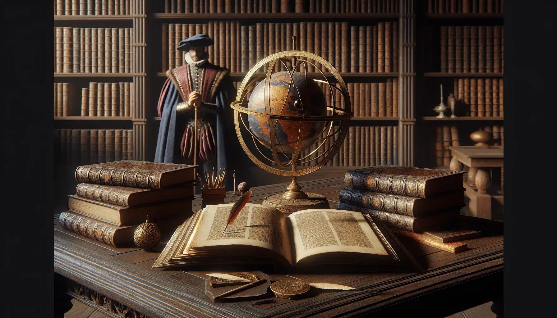 Biblioteca antigua con mesa de madera oscura, libros abiertos sin texto, esfera armilar dorada y figura renacentista con pluma, rodeada de estantes con libros.