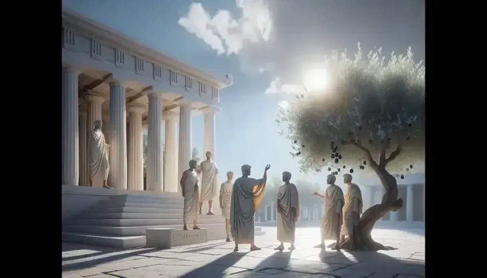Recreación de la vida cotidiana en la antigua Grecia con dos figuras en túnicas conversando, una columna dórica y un olivo al lado de una estructura de mármol.