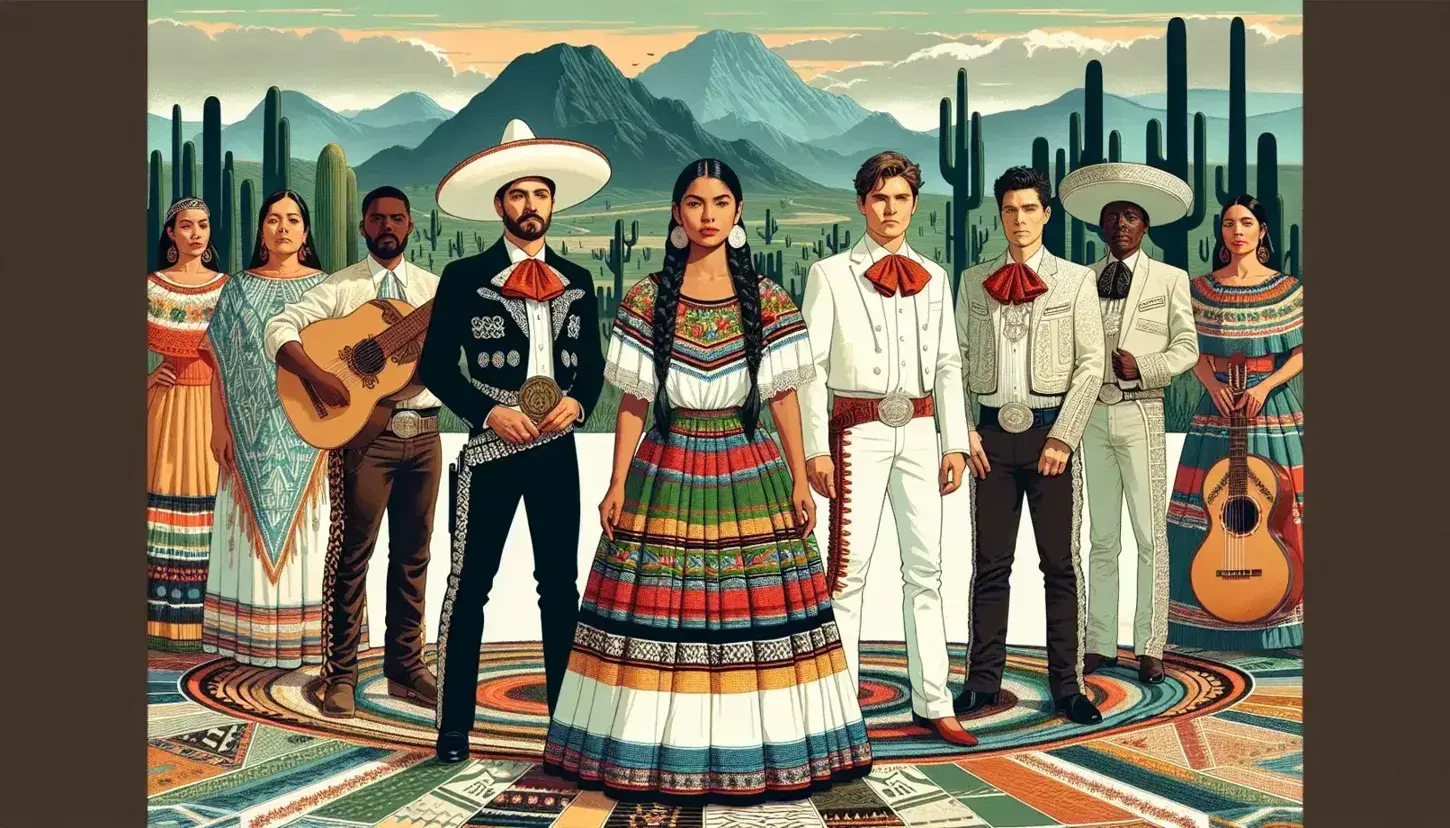 Grupo diverso en atuendos tradicionales mexicanos frente a paisaje con cactus y montañas al atardecer, reflejando la rica cultura de México.