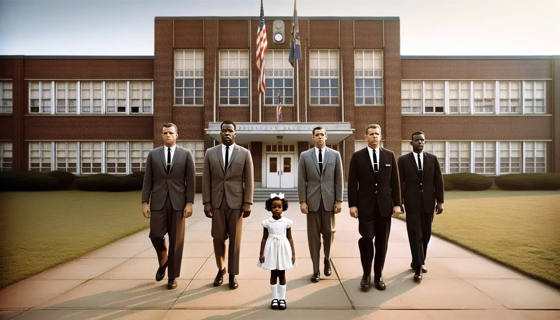 Young African American girl in white dress escorted by four U.S. Marshals in suits outside a 1960s school building on a sunny day.
