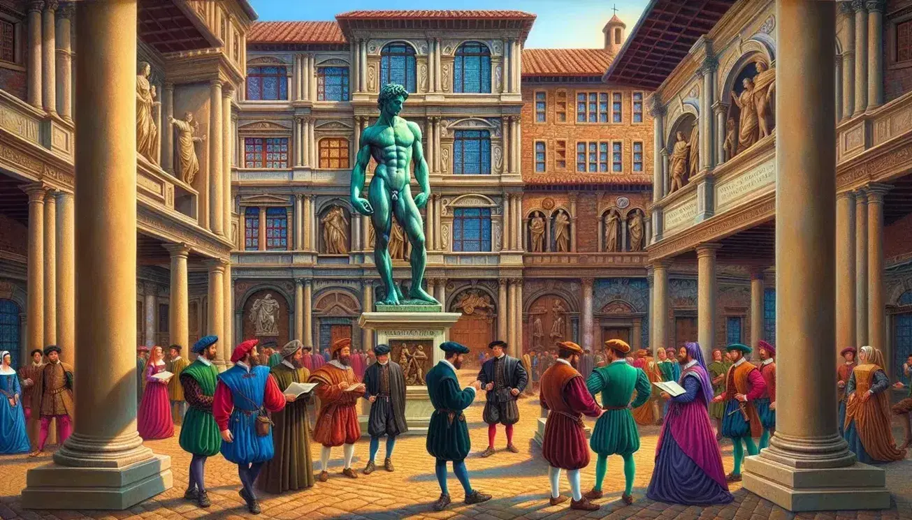 Plaza renacentista con estatua de bronce central, edificios con arquitectura clásica, personas en atuendos de época y pintor trabajando al aire libre bajo cielo azul.