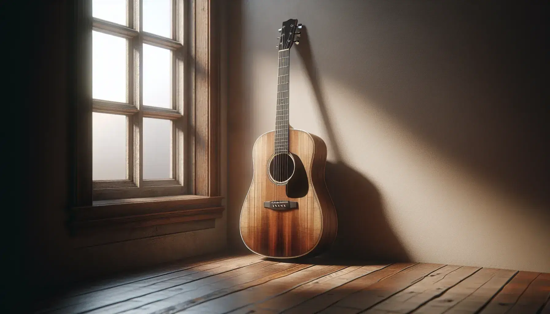 Guitarra acústica de madera apoyada en fondo neutro junto a ventana antigua que filtra luz suave, creando sombras y destacando su forma curva y cuerdas metálicas.
