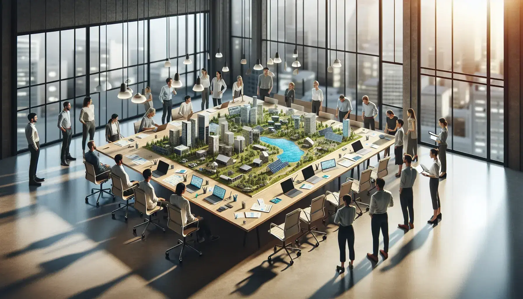 Grupo diverso de profesionales en reunión de trabajo con maqueta de paisaje en mesa de conferencia, rodeados de dispositivos electrónicos y con vista urbana al fondo.