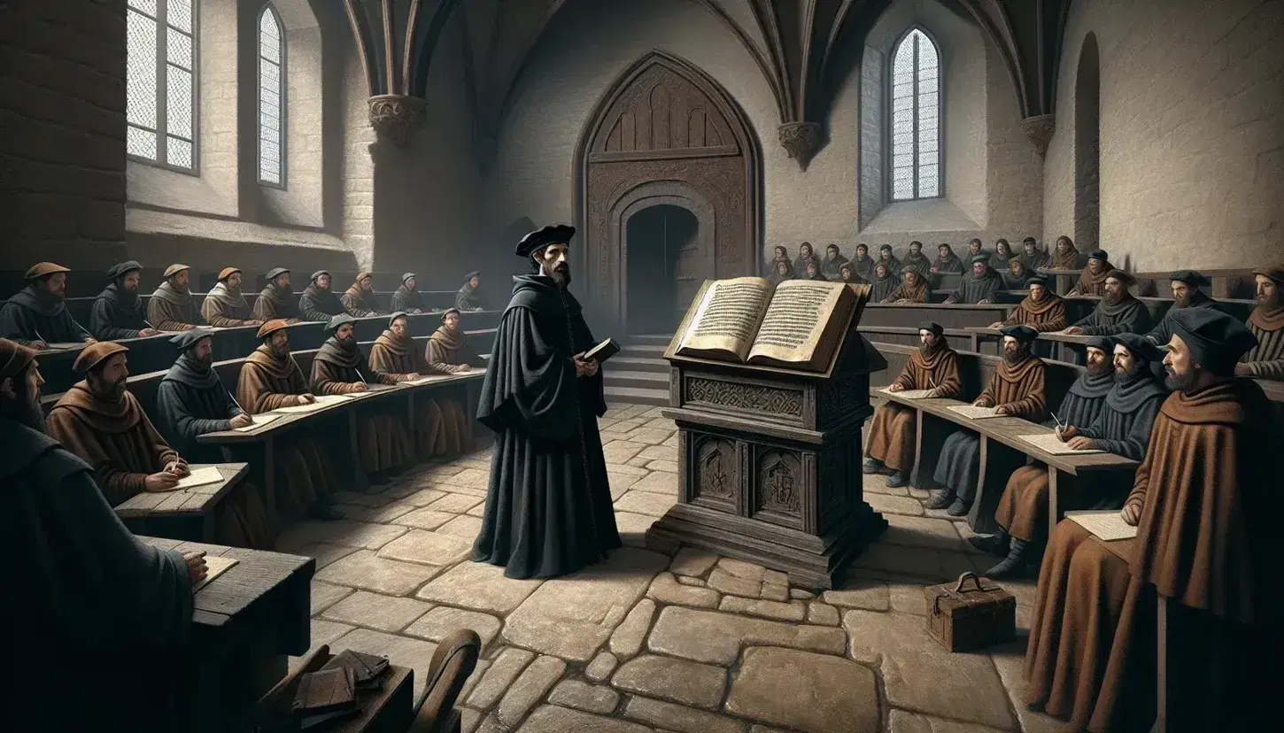 Aula universitaria medievale con professore in toga e cappello puntuto davanti a un leggio e studenti seduti su panche di legno che scrivono su pergamene.