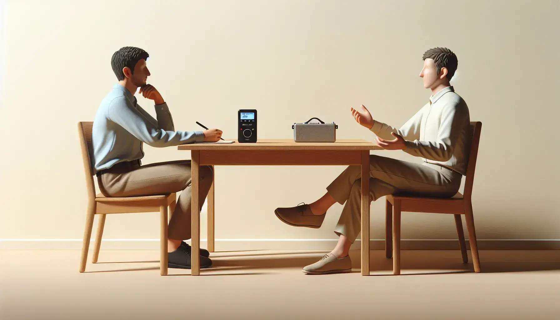 Dos personas sentadas en una mesa de madera durante una entrevista, una escuchando atentamente y la otra gesticulando, con un grabador digital activo entre ellas.