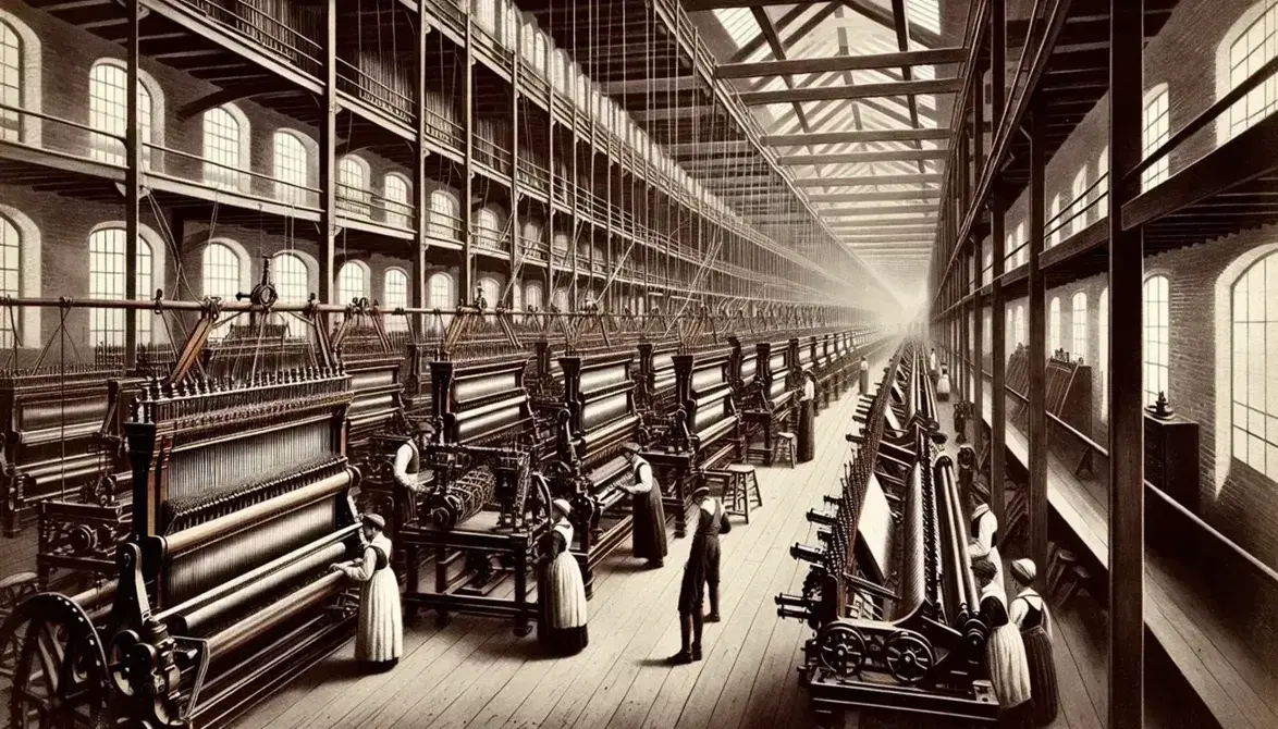 Interior de una fábrica textil de la Primera Revolución Industrial con trabajadores operando antiguos telares de madera y metal, iluminados por luz natural que entra por grandes ventanas.