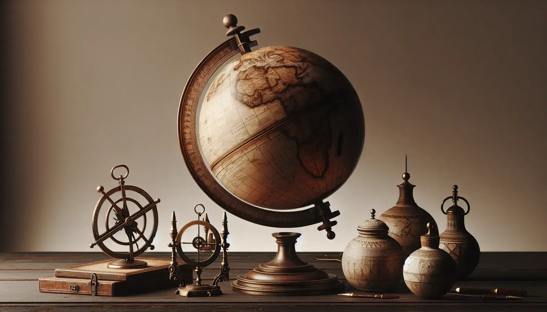Globo terráqueo vintage en tonos sepia sobre soporte de madera, rodeado de brújula, astrolabio y vasijas cerámicas, en mesa oscura bajo iluminación suave.