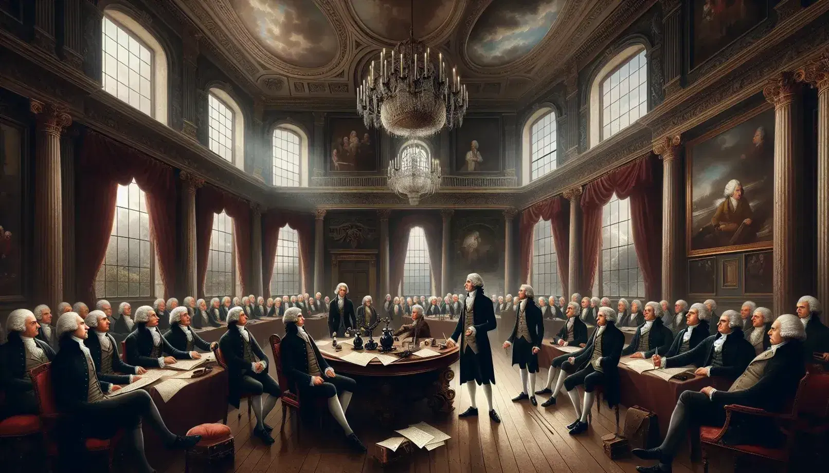Escena histórica en sala neoclásica con hombres de siglo XIX debatiendo alrededor de una mesa ovalada, con grandes ventanas, cortinas rojas y un candelabro central.