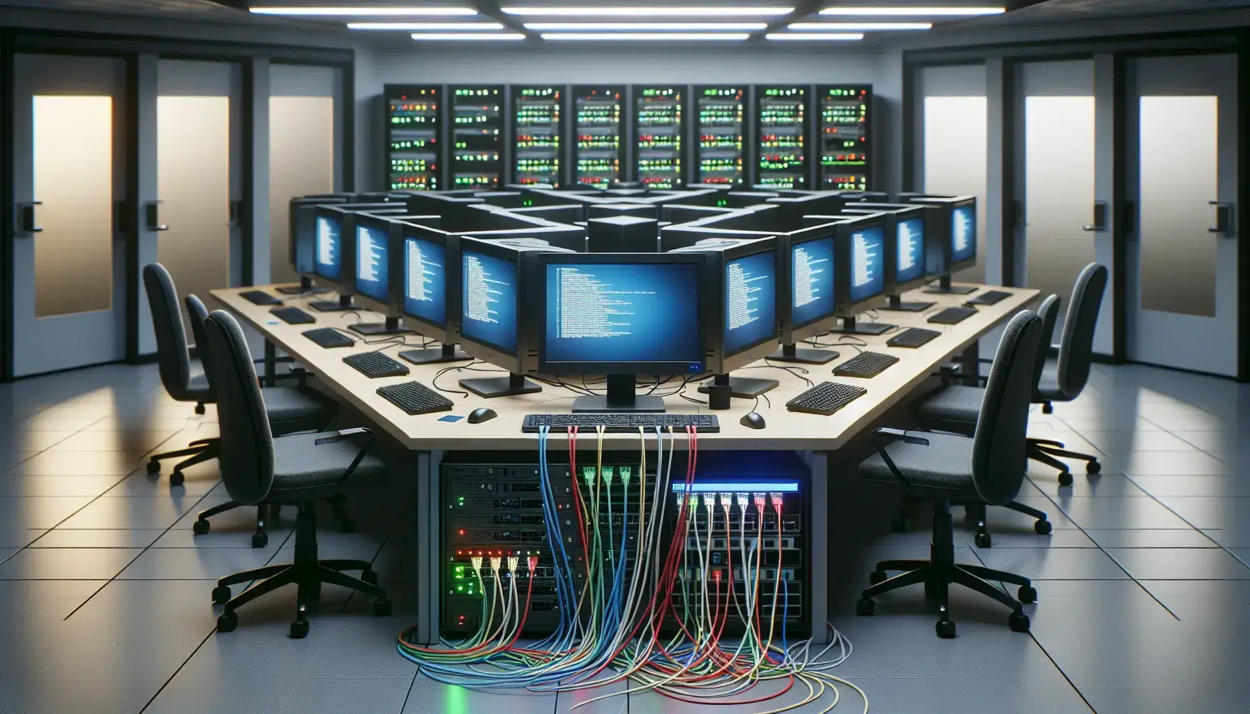 Organized office environment with computers connected to network switches, colored Ethernet cables and server racks with flashing LEDs.
