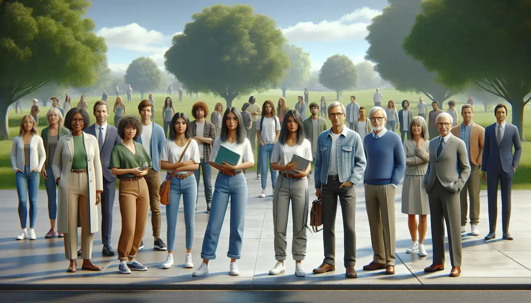 Grupo diverso de personas en un parque conversando en un día soleado, con una joven sosteniendo una carpeta y un señor mayor al lado.