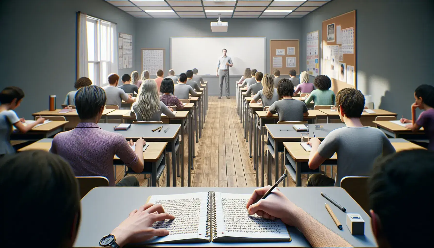 Diverse group of students engaged in writing notes in a bright classroom, with an animated teacher gesturing beside a clean whiteboard.