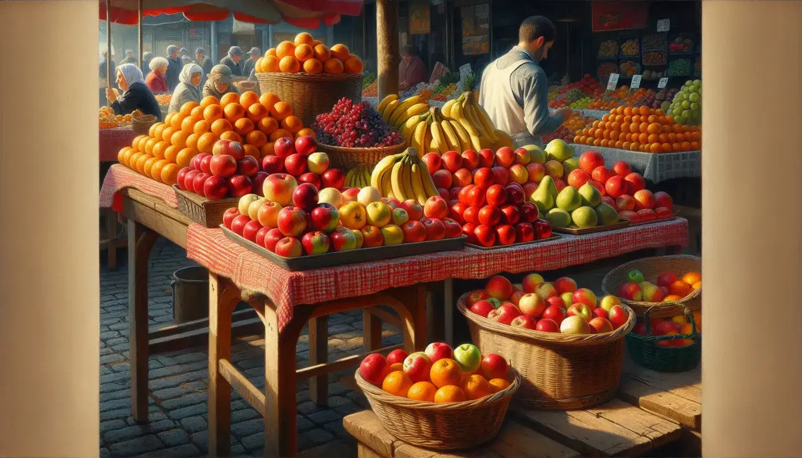 Fresh fruit stand at an outdoor market with red apples, yellow bananas, purple grapes, orange oranges, and green pears on a checkered cloth, under a clear blue sky.