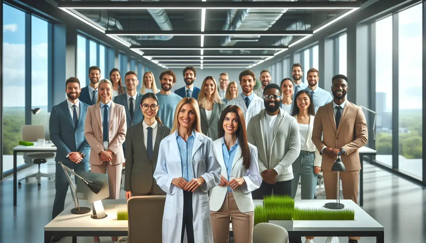 Grupo diverso de profesionales sonriendo en una oficina moderna, con una mujer en bata blanca y un hombre con casco de seguridad, rodeados de escritorios y plantas.