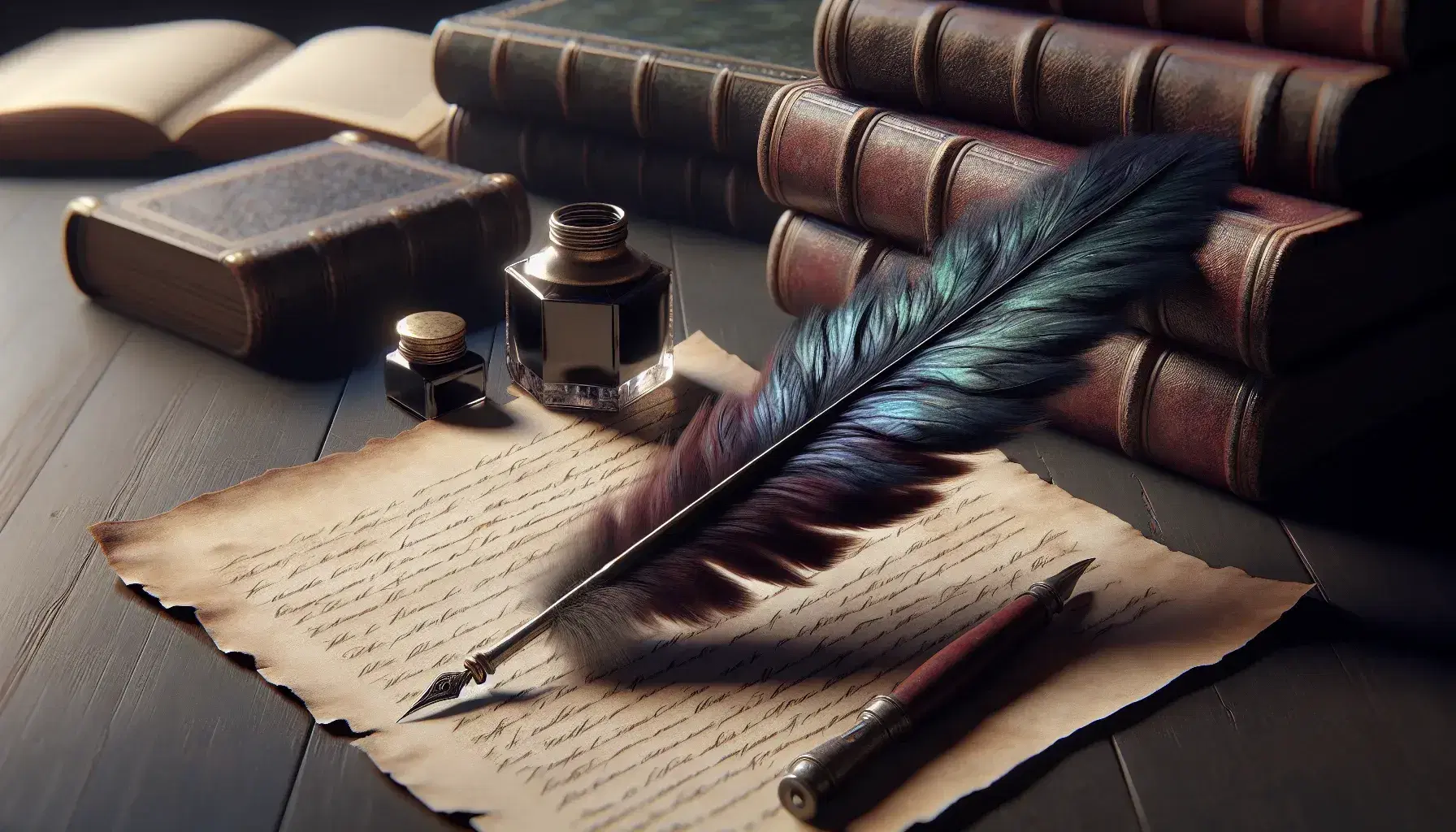 Quill pen on blank parchment with open brass inkwell and blurred leather-bound books in the background on a dark wooden desk.