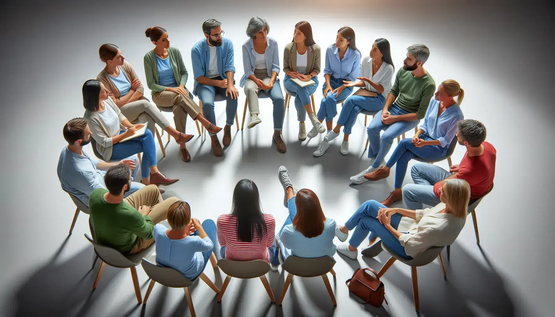 Heterogeneous group of people sitting in a semicircle in discussion led by a woman in the center, in casual clothes and a serene environment.