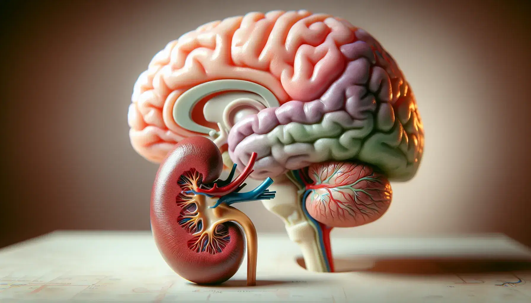Anatomical model of the human brain with colored lobes and adrenal gland on kidney, for teaching purposes, neutral blurred background.
