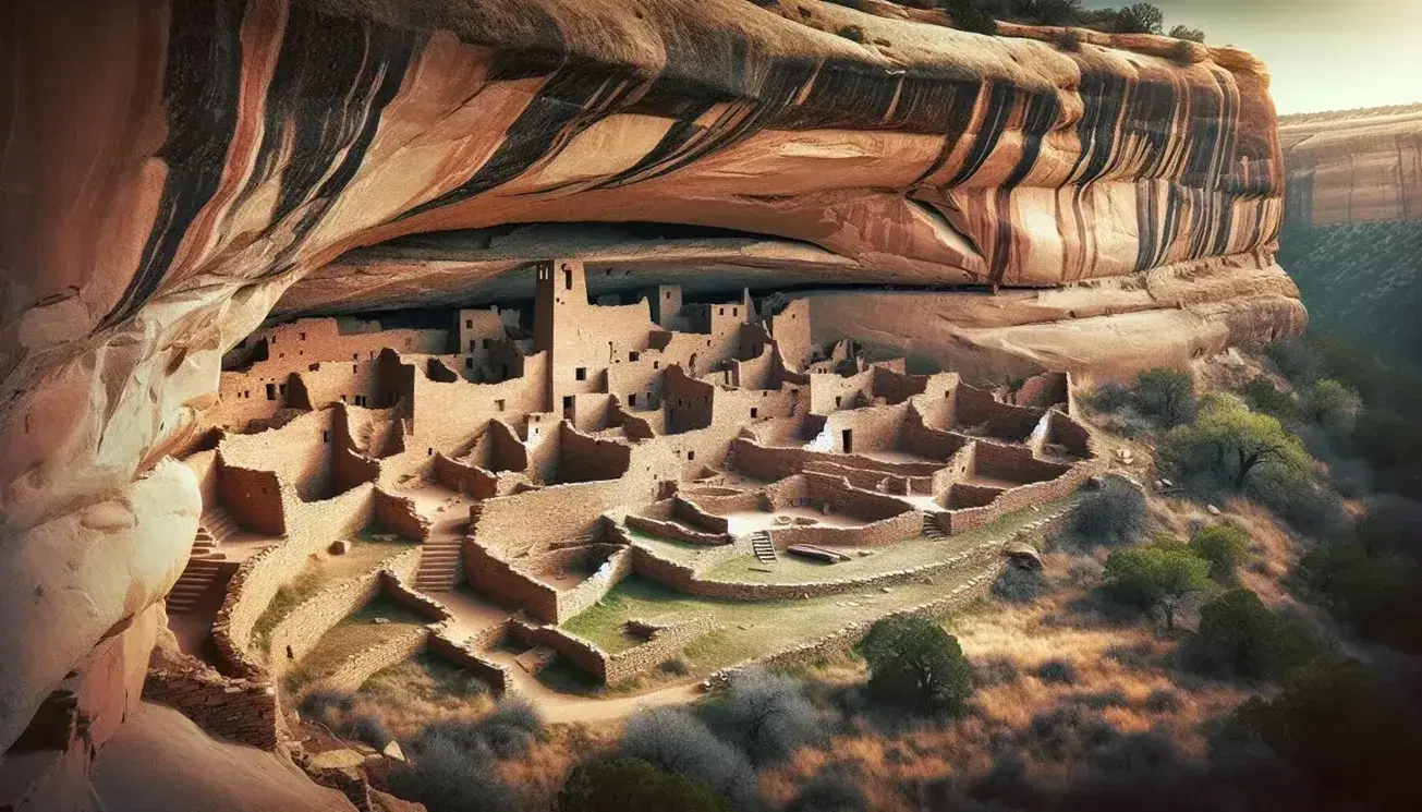 Ancient Ancestral Puebloan cliff dwelling with multi-storied structures and kivas in Mesa Verde National Park under a clear blue sky.
