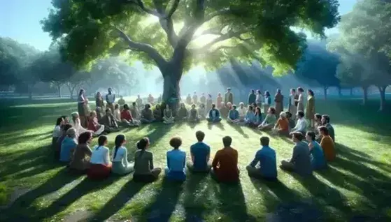 Gruppo multietnico seduto in cerchio in un parco, conversando pacificamente sotto un albero frondoso in una giornata soleggiata.