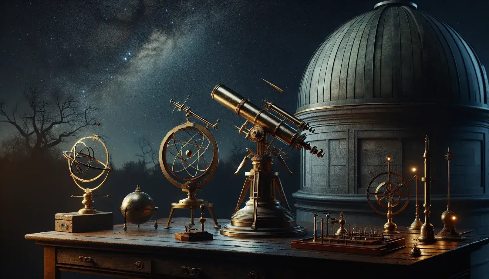 Classic observatory with open dome overlooking the starry sky, brass telescope on tripod and ancient scientific instruments illuminated by an oil lamp.