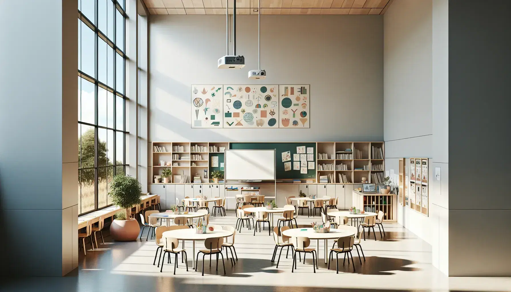 Aula escolar luminosa con mesas redondas y sillas para trabajo en equipo, estantería con libros, pizarra blanca y estudiantes interactuando.