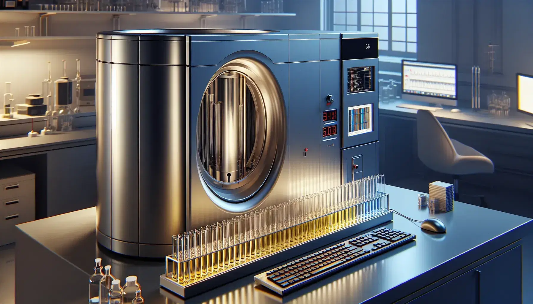 Modern nuclear magnetic resonance spectrometer in laboratory with cylindrical magnets and test tubes containing clear liquids on workbench.