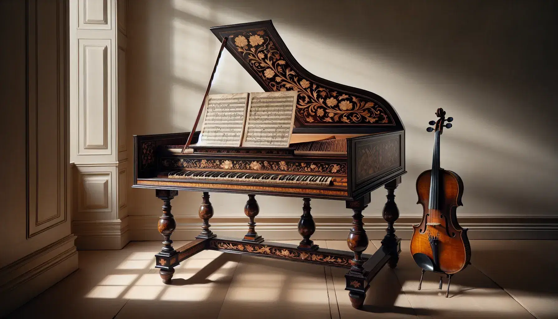 Clavicembalo barocco antico con intarsi floreali, spartito aperto sopra, violino e arco sullo sfondo, busto marmoreo di compositore non identificato.