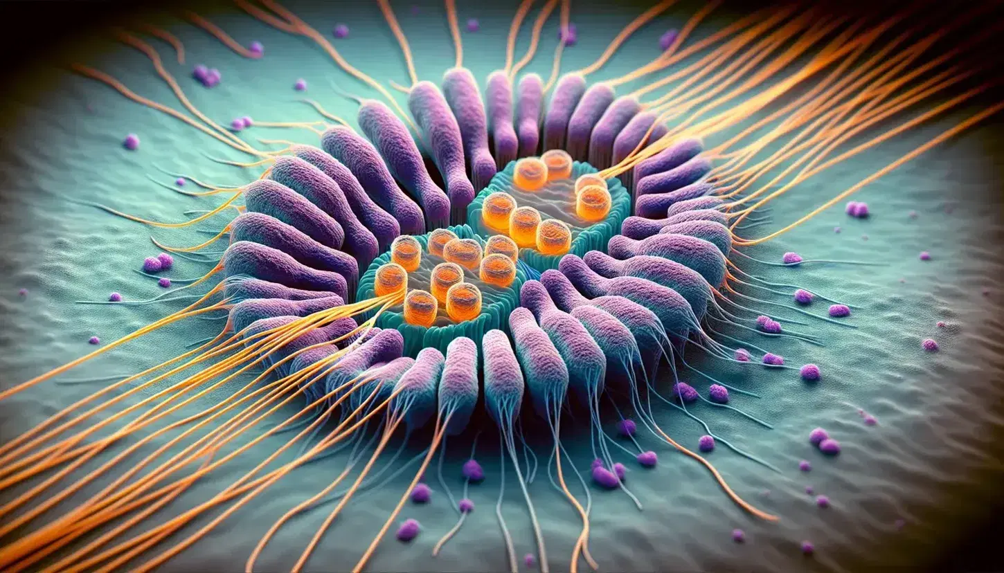 Detailed illustration of a mitotic spindle with blue-purple microtubules, purple centrosomes, and orange chromosomes aligned during metaphase.