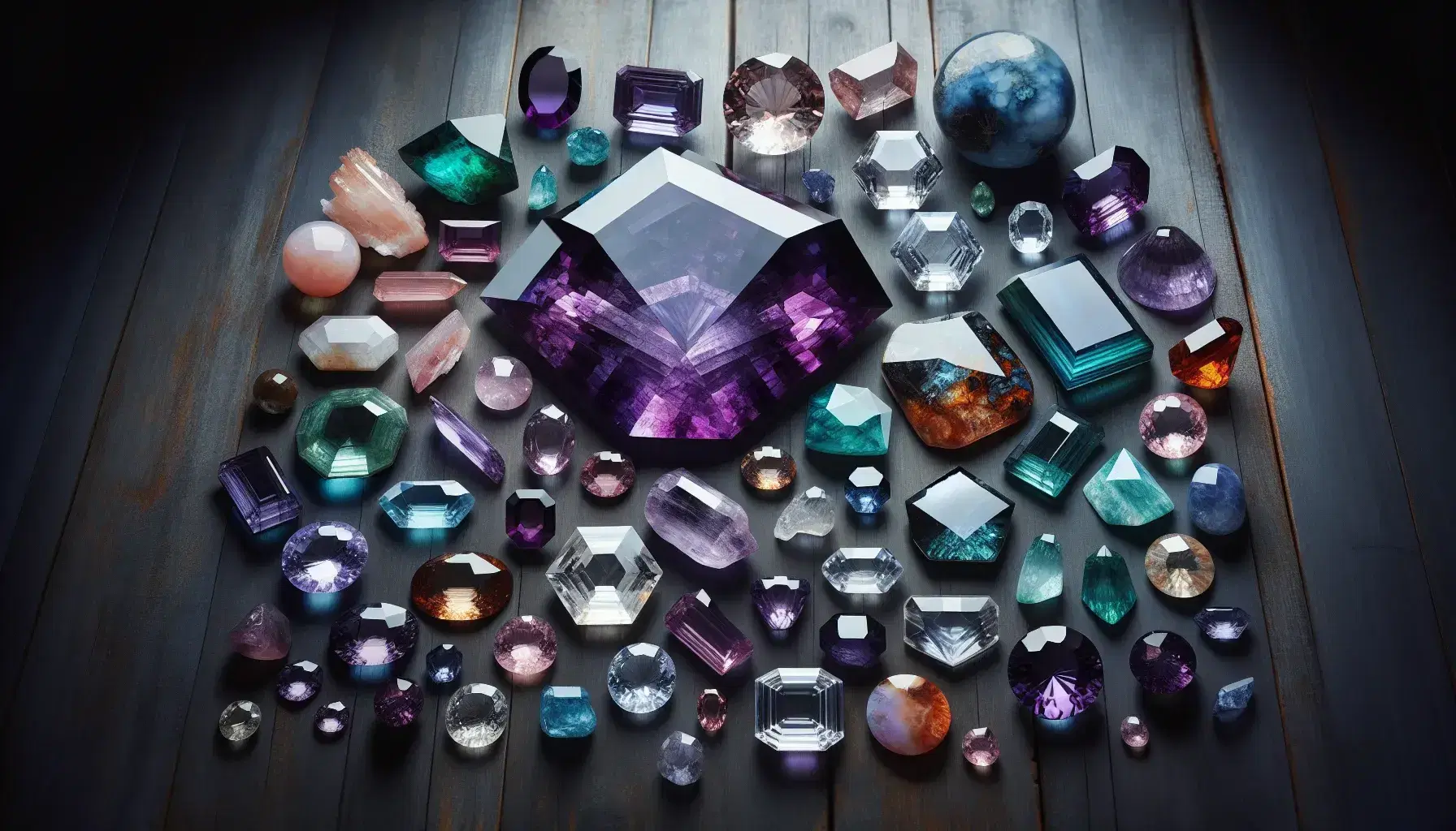 Collezione di pietre preziose e semipreziose su tavolo scuro, con amethyst viola, topazio azzurro, smeraldo verde, rubino rosso e quarzi trasparenti.