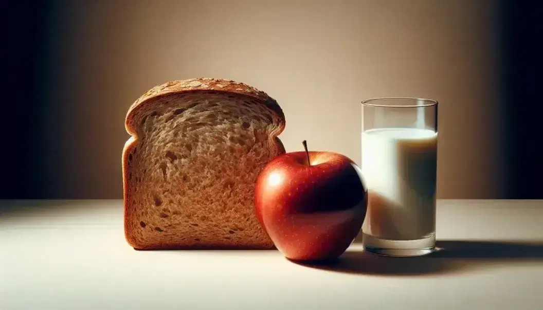 Fetta di pane integrale, mela rossa lucida e bicchiere di latte su sfondo neutro, composizione equilibrata per una colazione salutare.