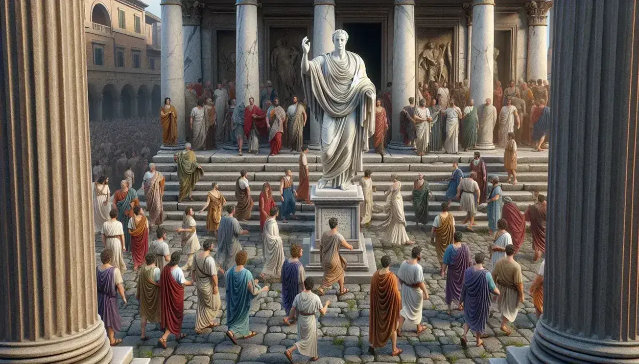 Scena di vita quotidiana in un foro romano con statue, colonne corinzie e cittadini in tuniche e toghe sotto un cielo azzurro.