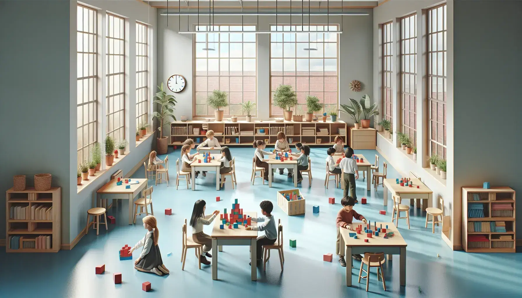 Bright classroom with diverse students using colorful building blocks in a circular desk arrangement, surrounded by green plants and natural light.