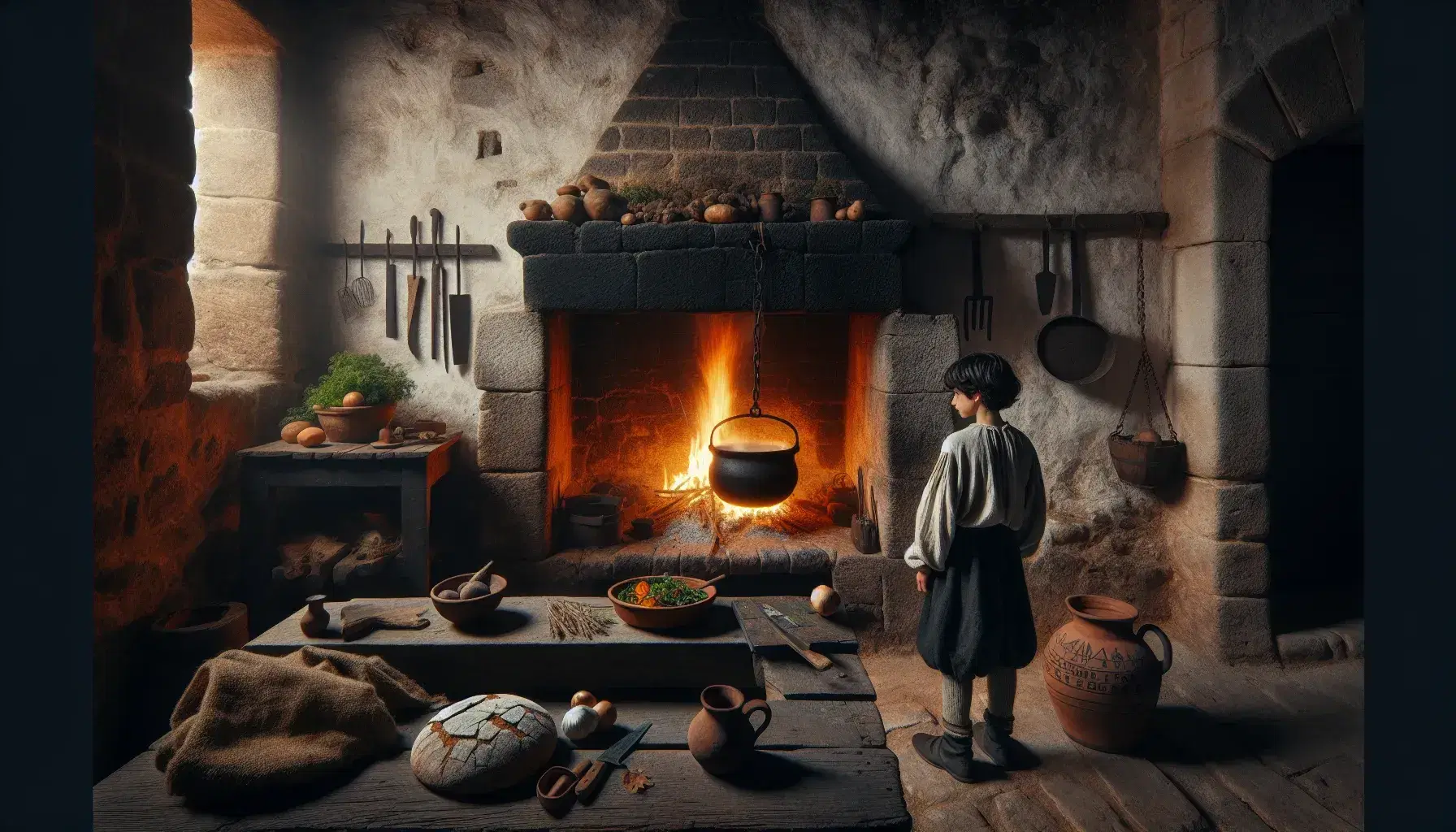 Cucina spagnola del XVI secolo con camino, calderone, tavolo in legno con erbe e pane, ragazzo in abiti semplici e pentole appese.