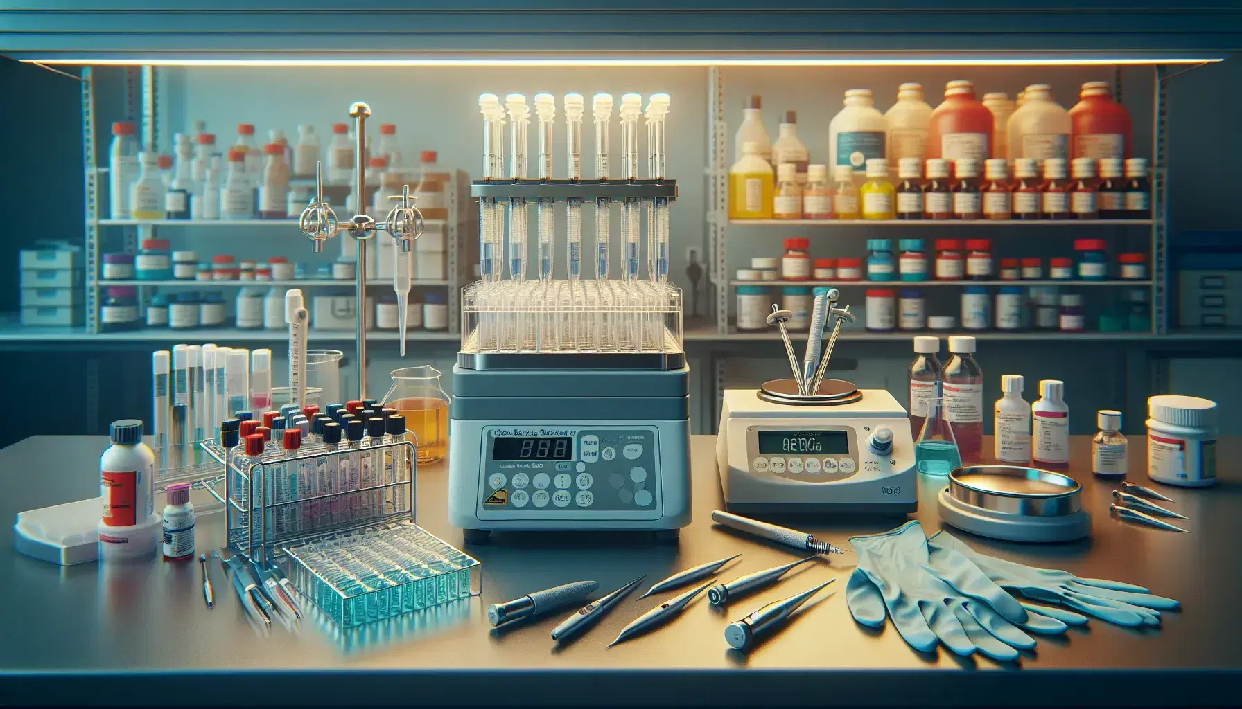 Escena de laboratorio con microcentrífuga abierta y tubos con líquido azul, pipetas en soporte, balanza analítica y estante con reactivos.
