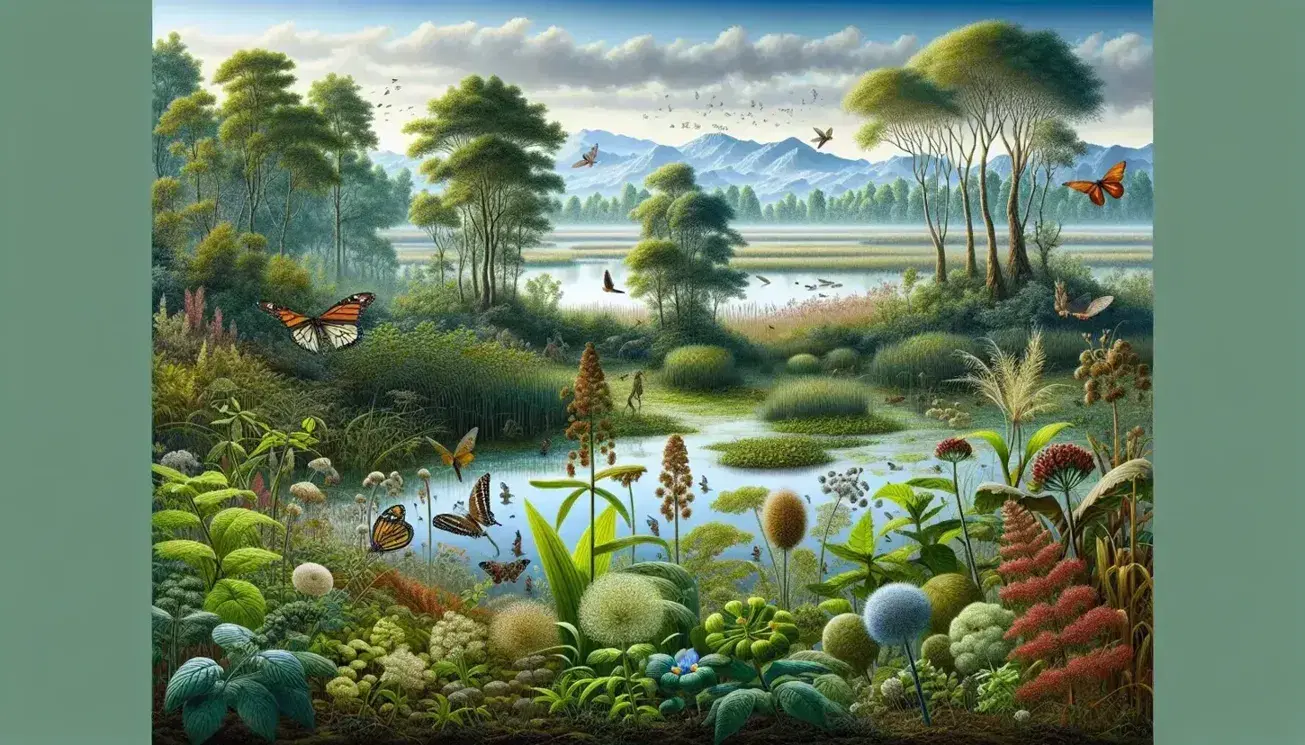 Ecosistema terrestre con diversidad de plantas verdes y flores, insectos polinizadores, árboles frondosos, lago tranquilo, ave acuática y montañas al fondo bajo cielo azul.