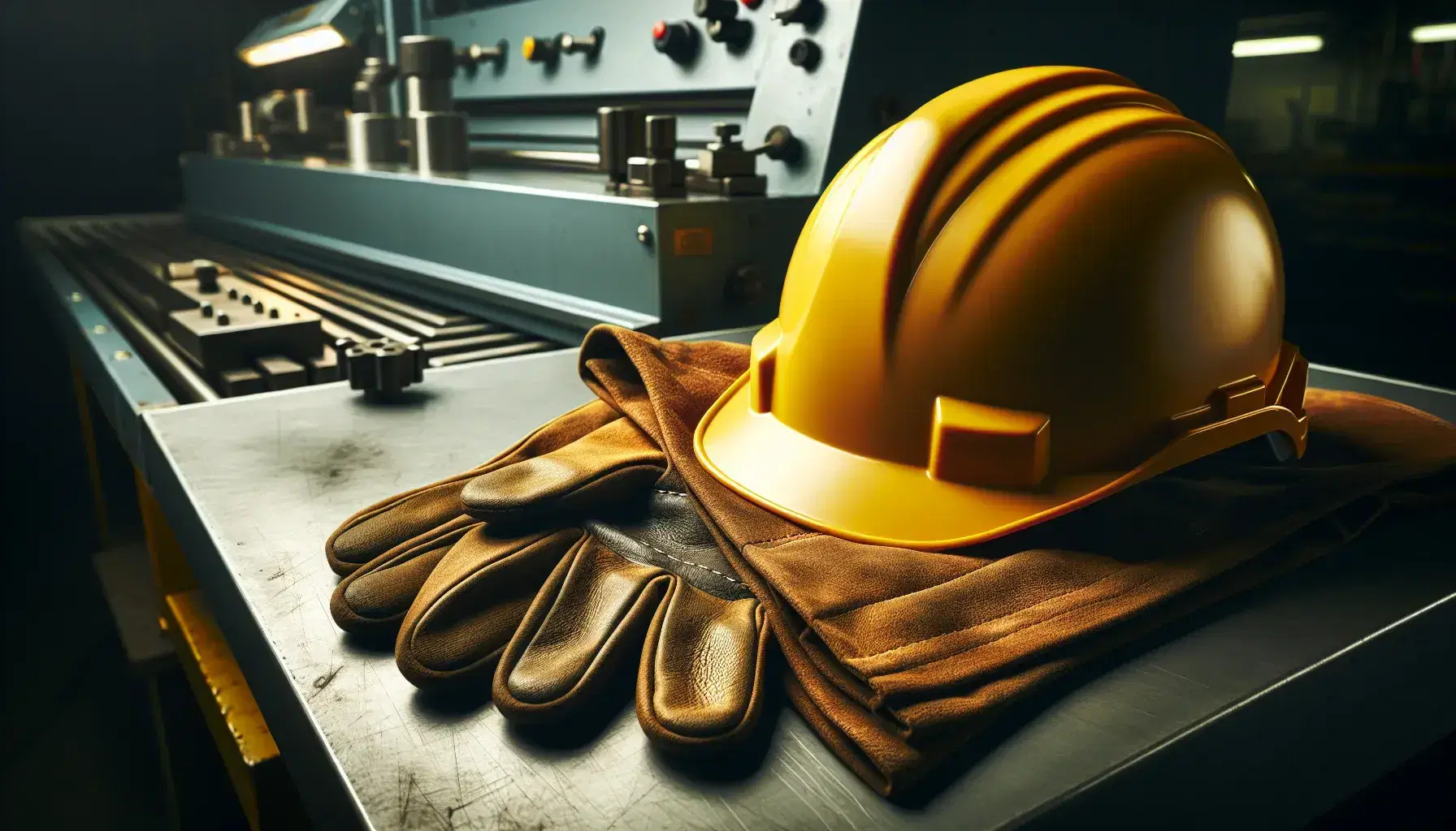 Casco de seguridad amarillo y guantes de cuero marrón sobre mesa de trabajo industrial con maquinaria desenfocada al fondo.