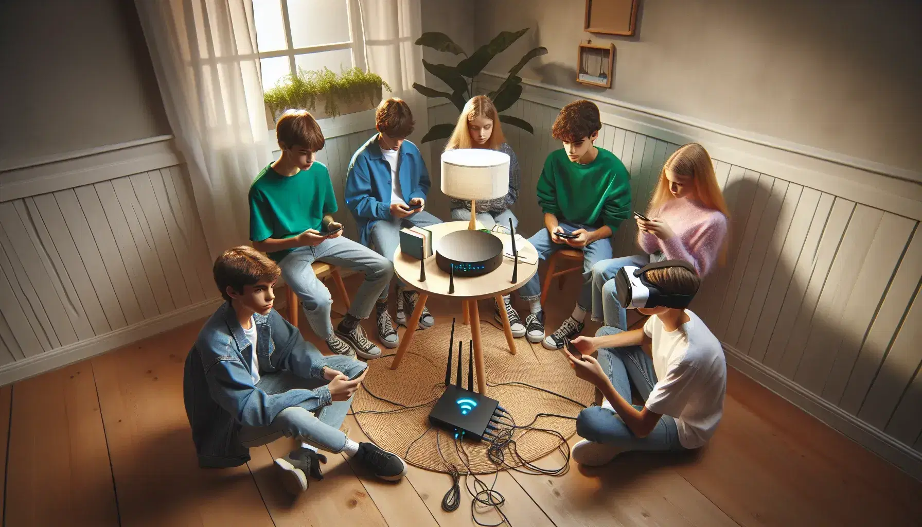 Cinco adolescentes con dispositivos electrónicos sentados en semicírculo alrededor de una mesa con router, en una habitación iluminada con planta y ventana.