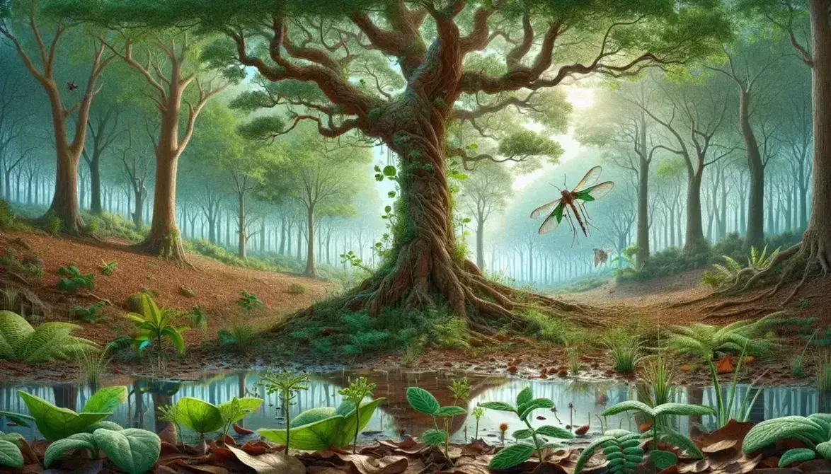 Bosque diurno con árbol robusto, follaje verde, suelo de hojas secas, charco reflejante y ave volando entre ramas bajo cielo despejado.