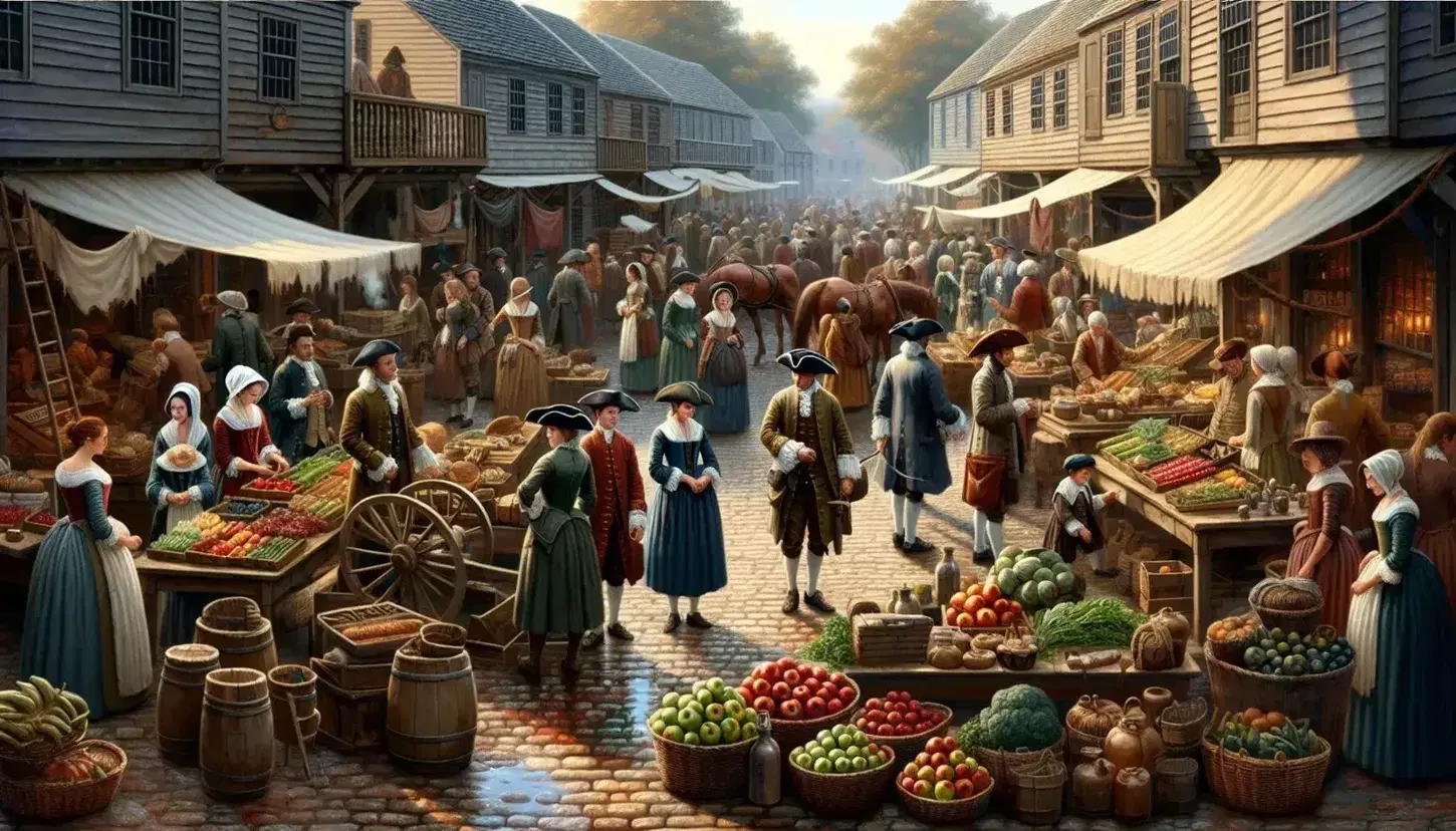 Bustling 17th-century colonial market with people in period attire, wooden stalls with produce and goods, horse-drawn cart, and timber-framed buildings.