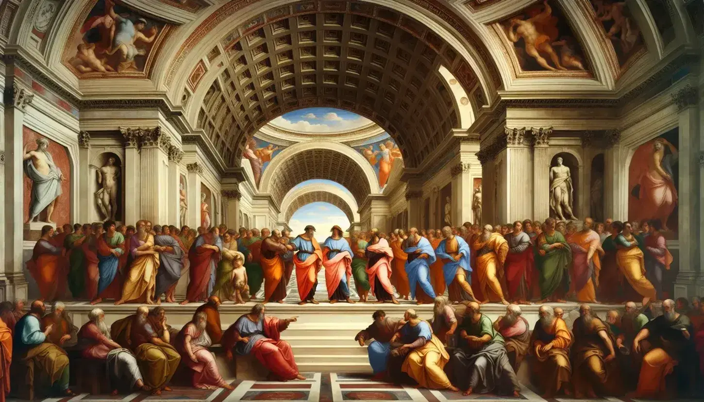 Fresco 'La Escuela de Atenas' de Rafael con filósofos antiguos debatiendo en un espacio arquitectónico clásico, destacando la dualidad cielo-tierra.