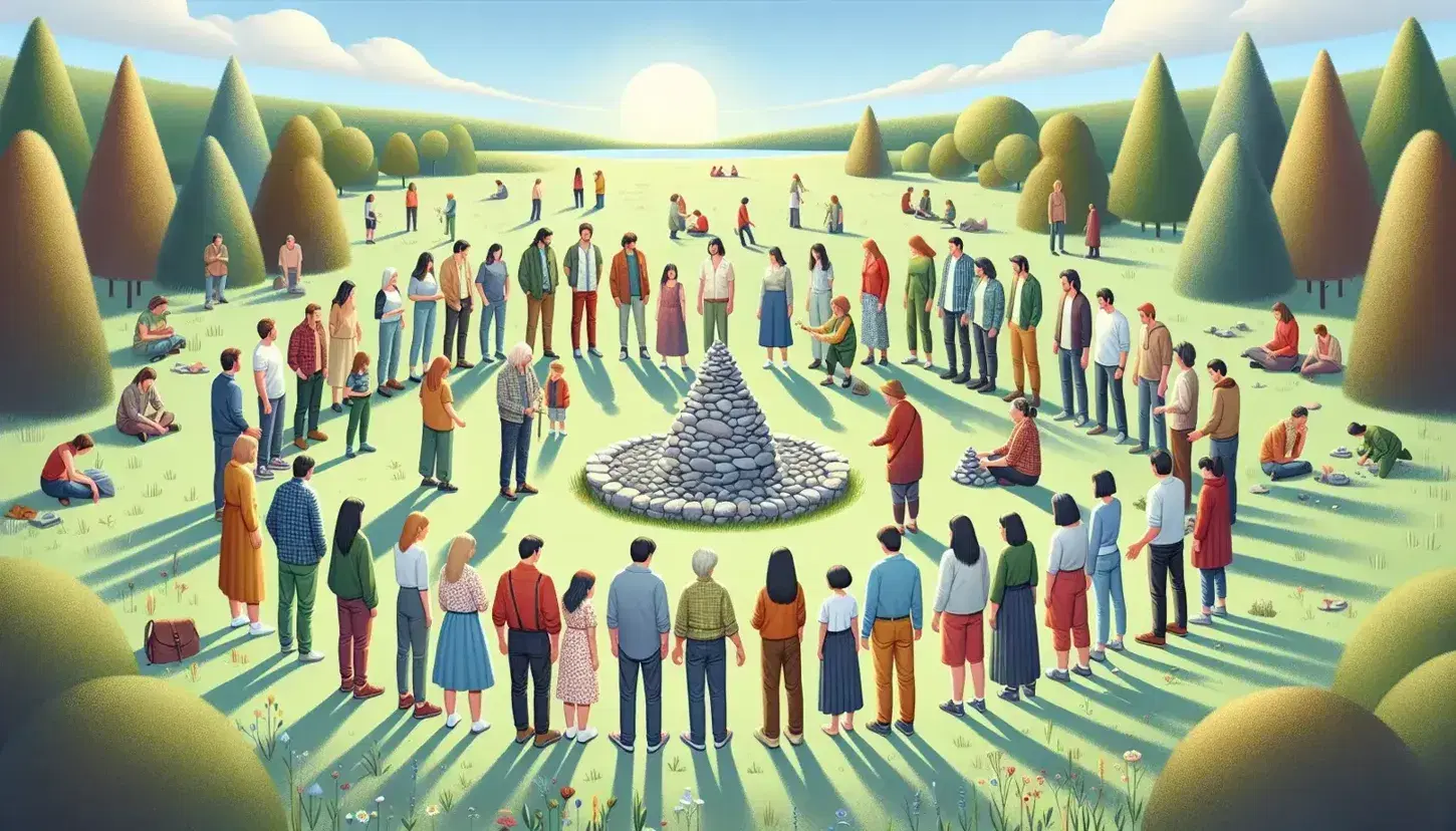 Grupo diverso de personas construyendo un cairn en un parque soleado, reflejando trabajo en equipo y armonía en un entorno natural.