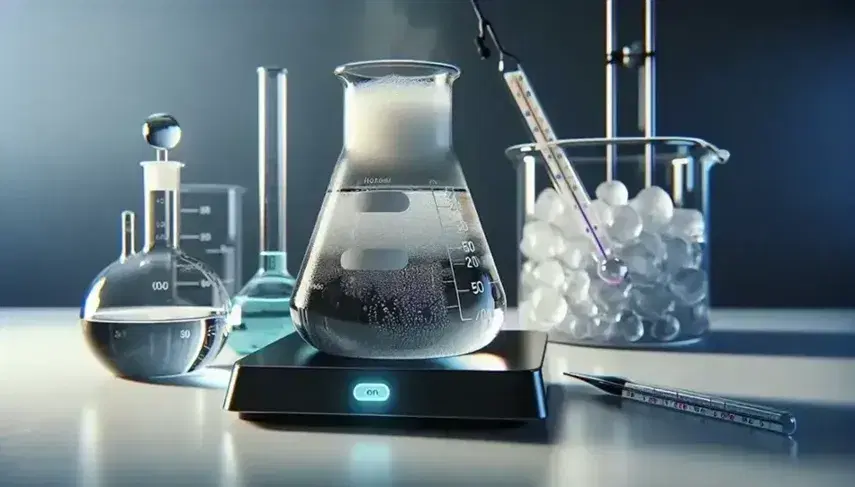 Laboratorio químico con matraz Erlenmeyer en placa calefactora y termómetro, junto a otro matraz en baño de hielo y estantes con frascos de líquidos coloreados.