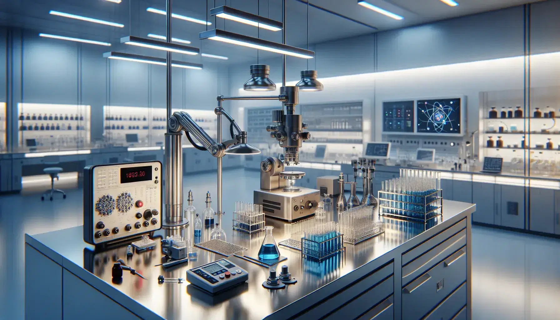 Laboratorio scientifico moderno con tavolo in acciaio, strumenti di misura, braccio robotico, microscopio elettronico e occhiali di sicurezza.