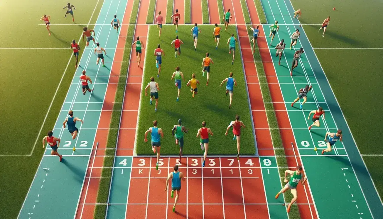 Pista di atletica in laterizio con atleti in corsa su diverse corsie, campo interno verde, cielo sereno.