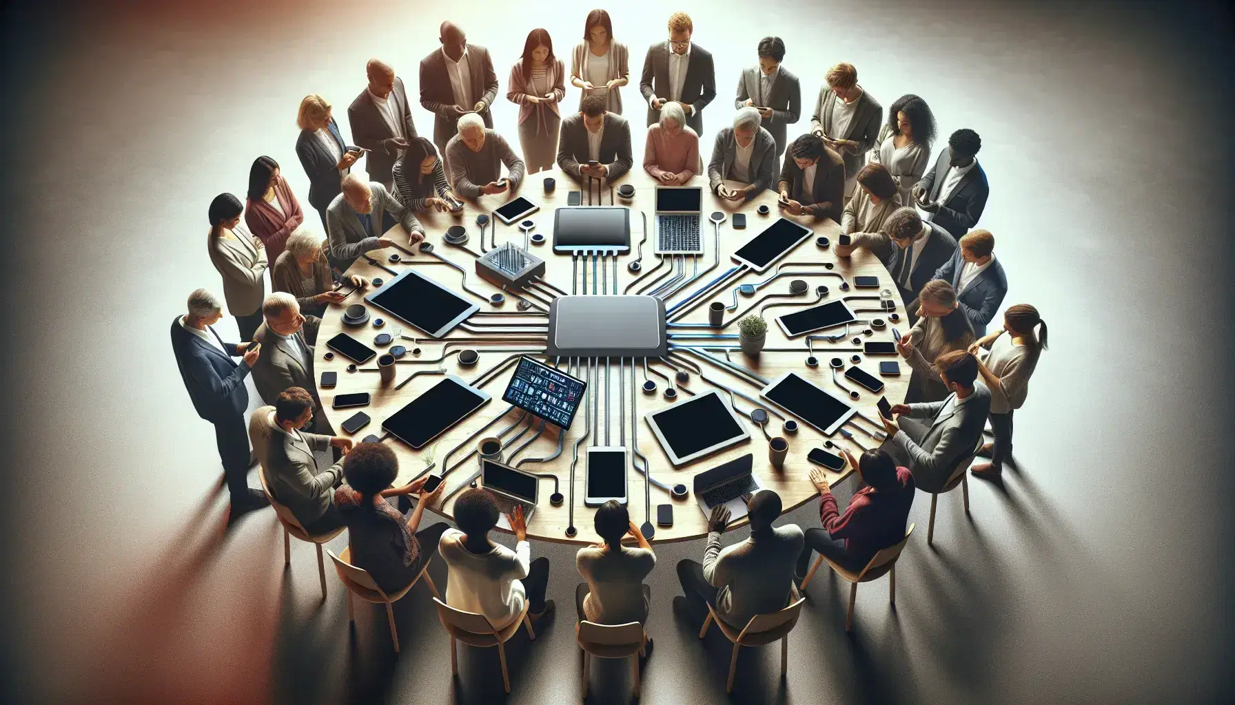 Grupo diverso de personas alrededor de una mesa redonda con dispositivos electrónicos interconectados por cables de red en un ambiente colaborativo.