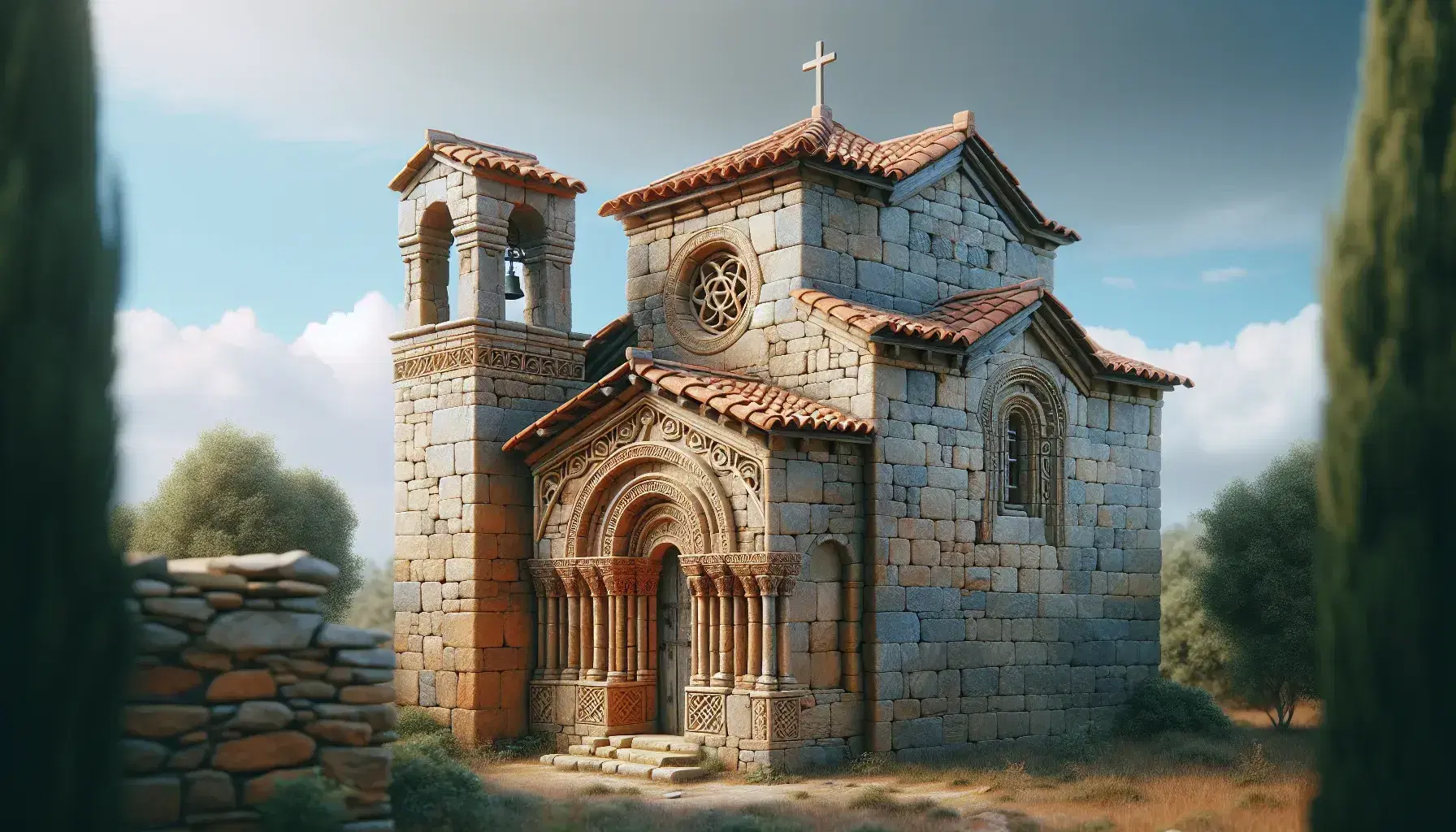 Antiguo edificio de piedra estilo visigodo con entrada en arco y ventana, techo de tejas y torre campanario en paisaje otoñal.