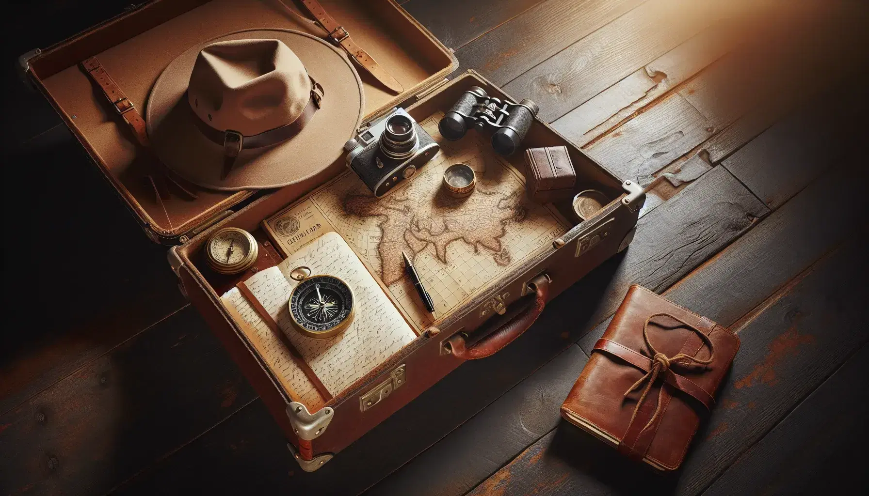 Valigia vintage in pelle marrone aperta con mappa antica, bussola, binocolo, macchina fotografica e cappello esploratore su pavimento in legno.