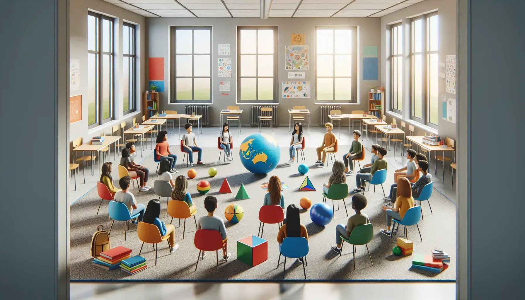 Studenti multietnici seduti in cerchio su sedie colorate in aula luminosa con oggetti didattici al centro e finestre grandi.
