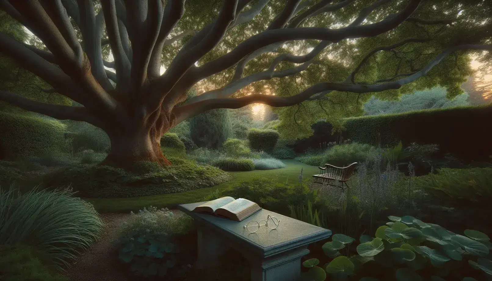 Serene garden at dusk with a stone bench under a large tree, an open book, wire-framed glasses, and a sunset sky with pastel hues.
