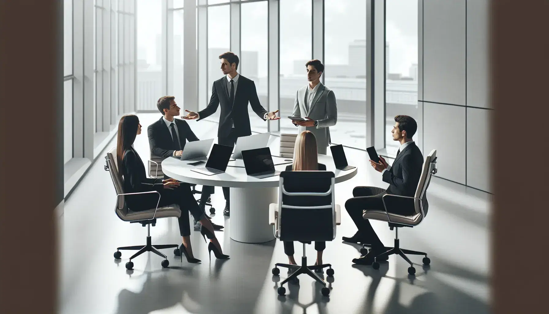 Grupo de cinco profesionales en reunión de trabajo en oficina moderna con mesa redonda, dispositivos electrónicos y ventana con vista urbana.
